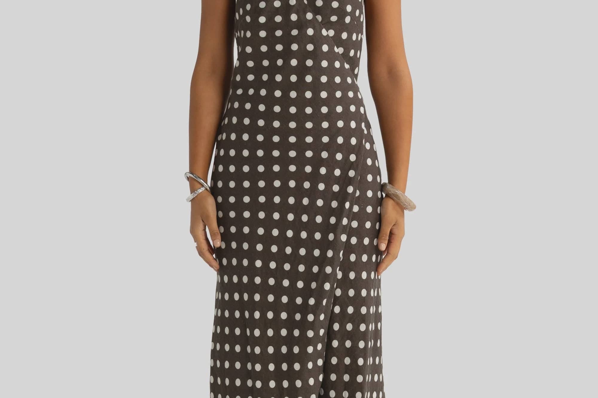 ORTC Dresses Elise Linen Wrap Full Length Dress - Carob Polkadot