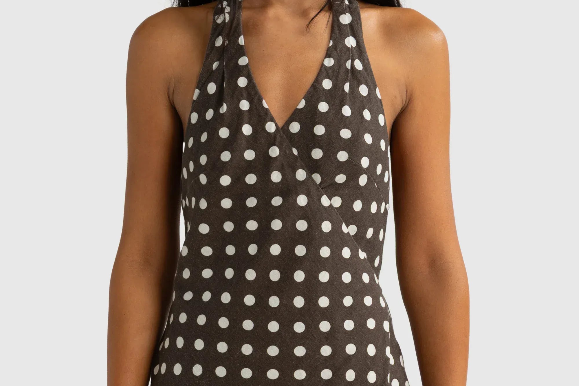 ORTC Dresses Elise Linen Wrap Full Length Dress - Carob Polkadot