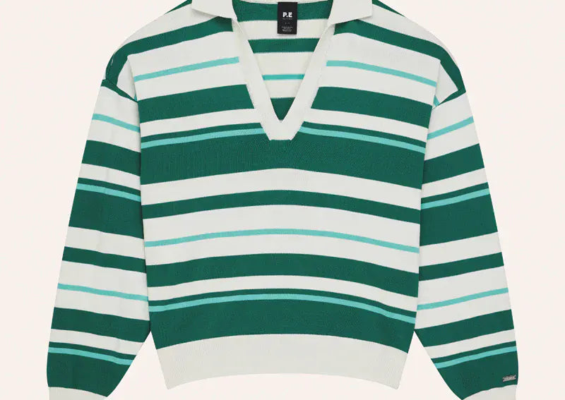 P.E Nation Sweaters Retreat Stripe Collar Knit - College Green Stripe