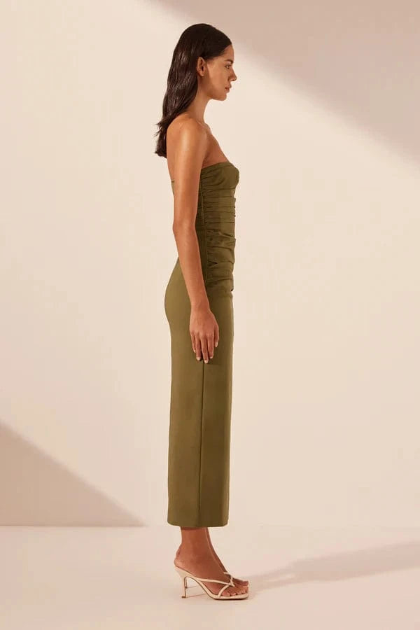 Shona Joy Dresses - Formal Shona Joy | Lani Strapless Gathered Midi Dress - Army Green