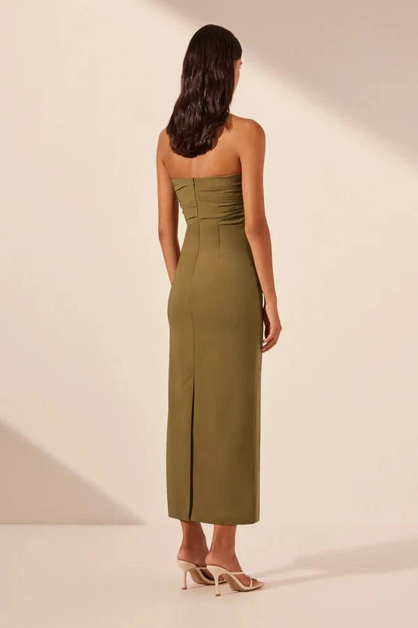 Shona Joy Dresses - Formal Shona Joy | Lani Strapless Gathered Midi Dress - Army Green