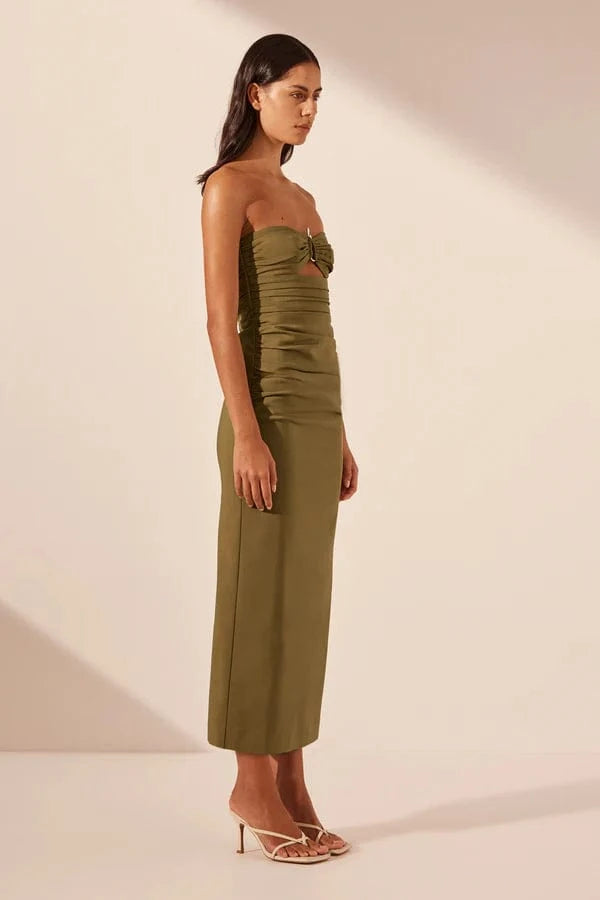 Shona Joy Dresses - Formal Shona Joy | Lani Strapless Gathered Midi Dress - Army Green