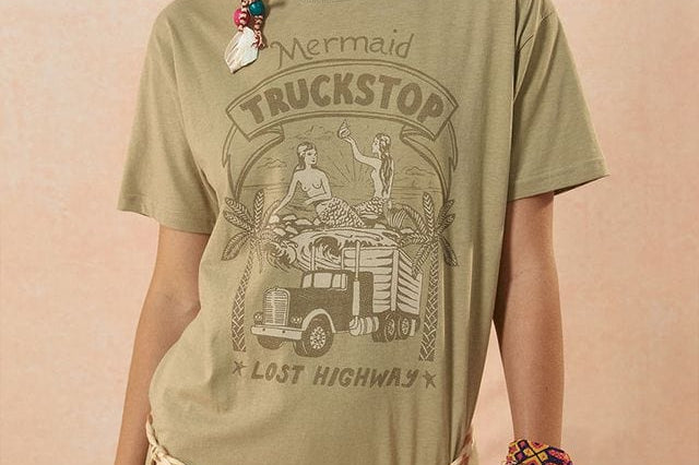 Spell Tees Mermaid Truckstop Biker Tee - Khaki