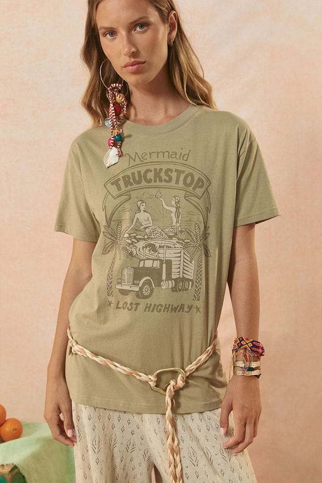 Spell Tees Mermaid Truckstop Biker Tee - Khaki