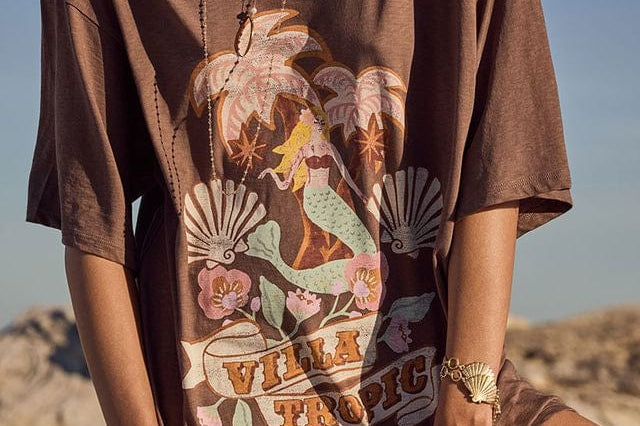 Spell Tees Villa Tropic Oversized Biker Tee - Coffee