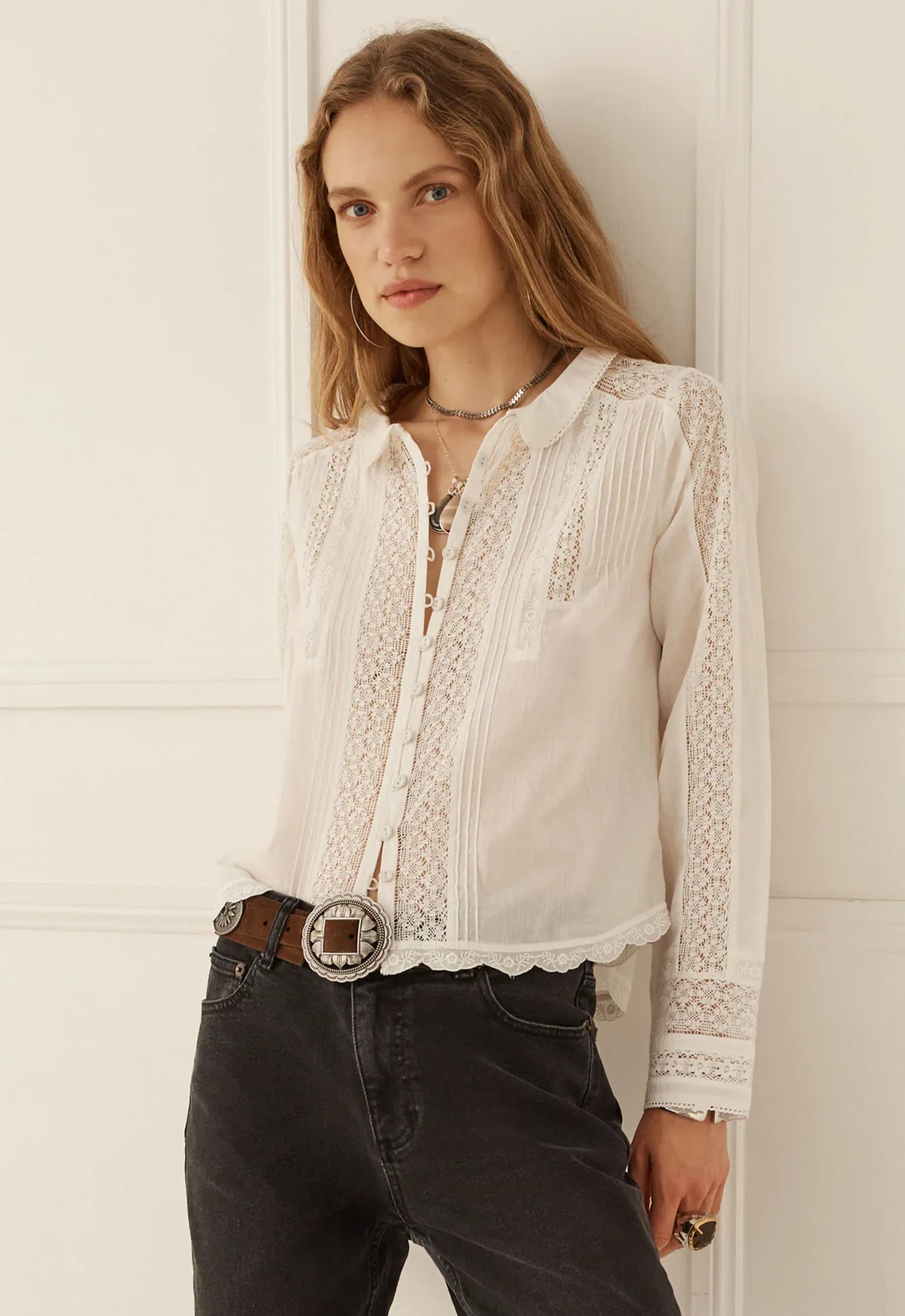 Spell Tops - Boho Prairie Long Sleeve Blouse - Antique White