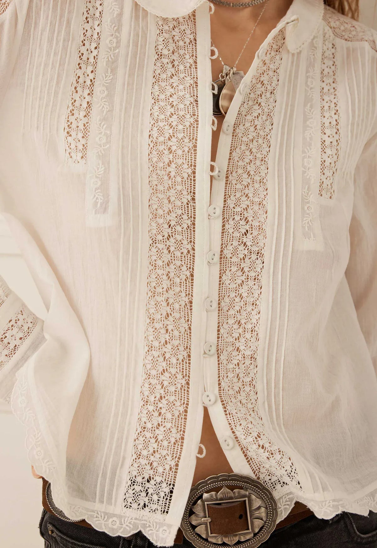 Spell Tops - Boho Prairie Long Sleeve Blouse - Antique White