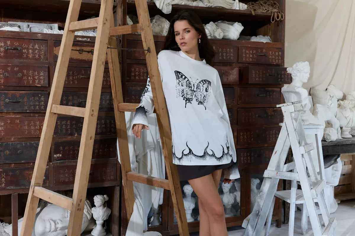 Summi Summi Tops - Long Sleeve Butterfly Flames LS Tee - Lily White