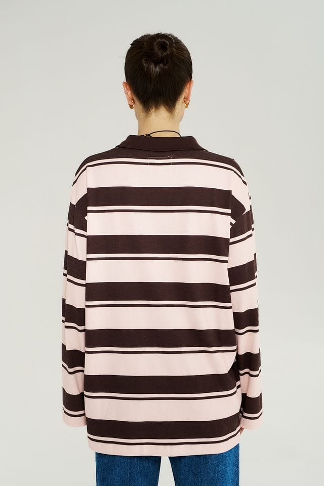 Summi Summi Tops LS Polo Top - Choc Rose Stripe