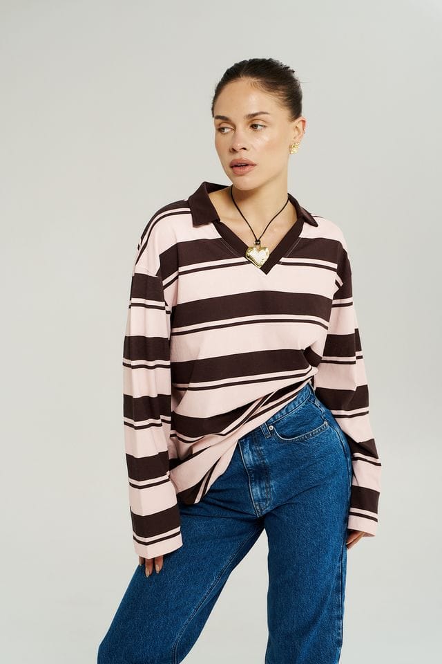 Summi Summi Tops LS Polo Top - Choc Rose Stripe