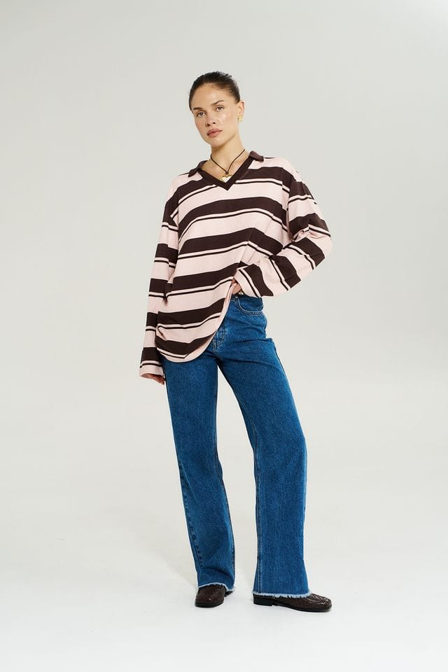 Summi Summi Tops LS Polo Top - Choc Rose Stripe