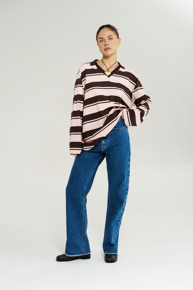 Summi Summi Tops LS Polo Top - Choc Rose Stripe