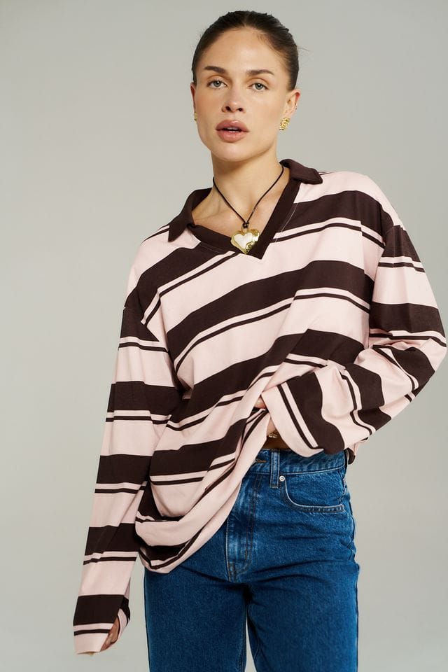 Summi Summi Tops LS Polo Top - Choc Rose Stripe