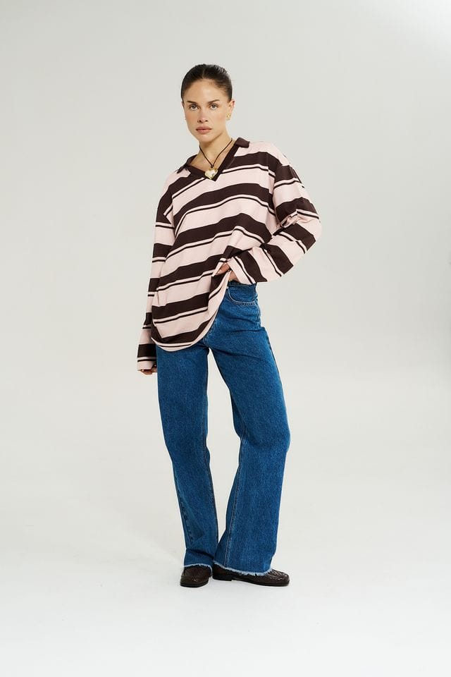 Summi Summi Tops LS Polo Top - Choc Rose Stripe