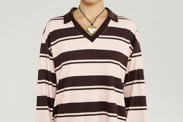 Summi Summi Tops LS Polo Top - Choc Rose Stripe