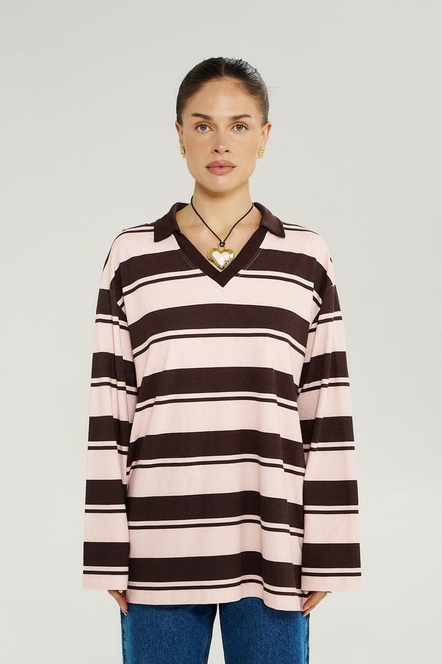 Summi Summi Tops LS Polo Top - Choc Rose Stripe