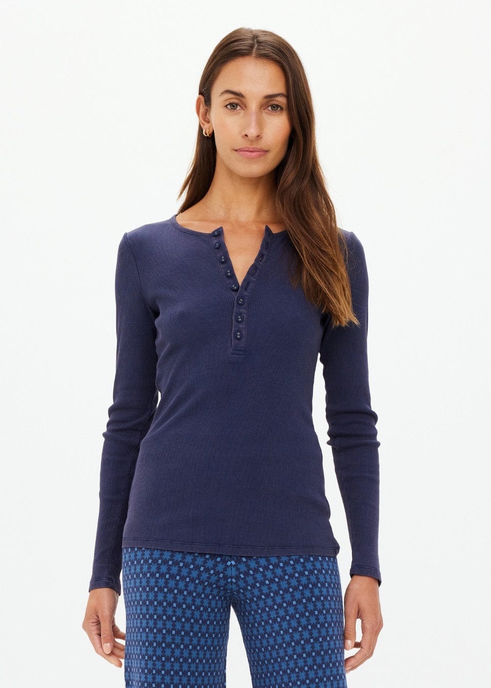The Upside Tops - Long Sleeve The Upside | Ness Ribbed Long Sleeve Top - Washed Denim