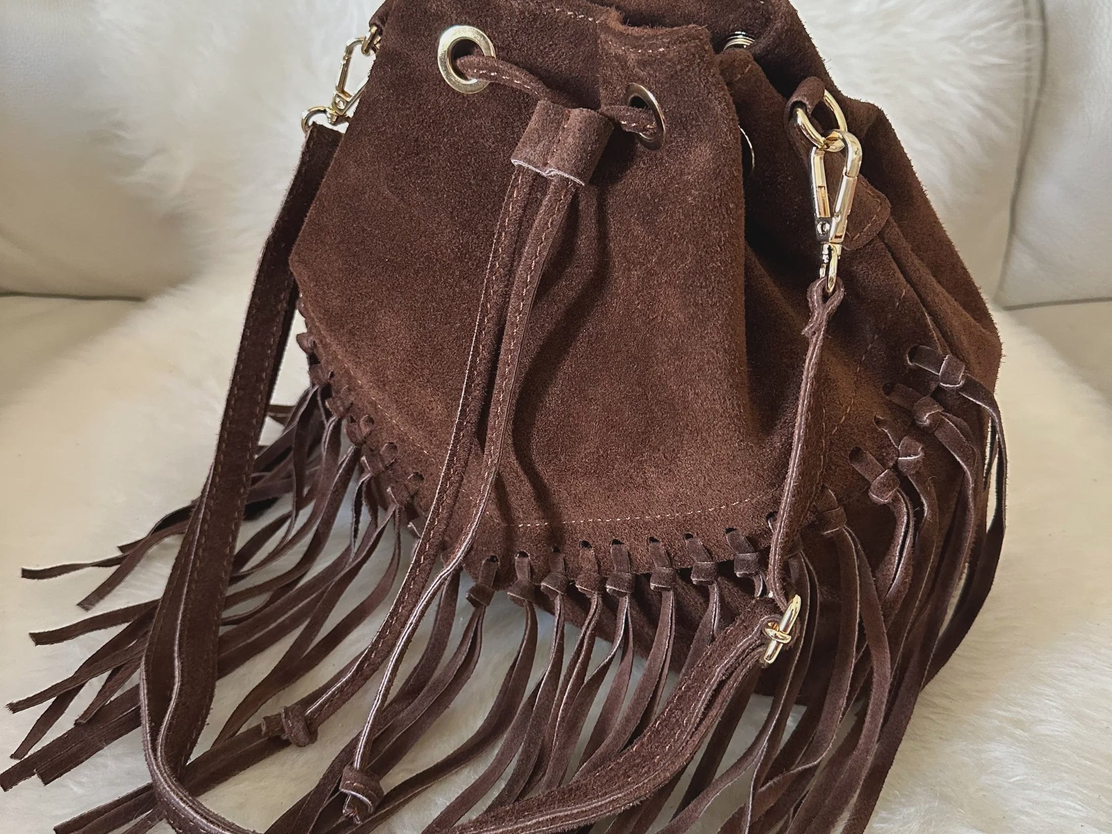 Zhade Handbags - Large Secchiello Bag - Dark Brown Suede Fringe