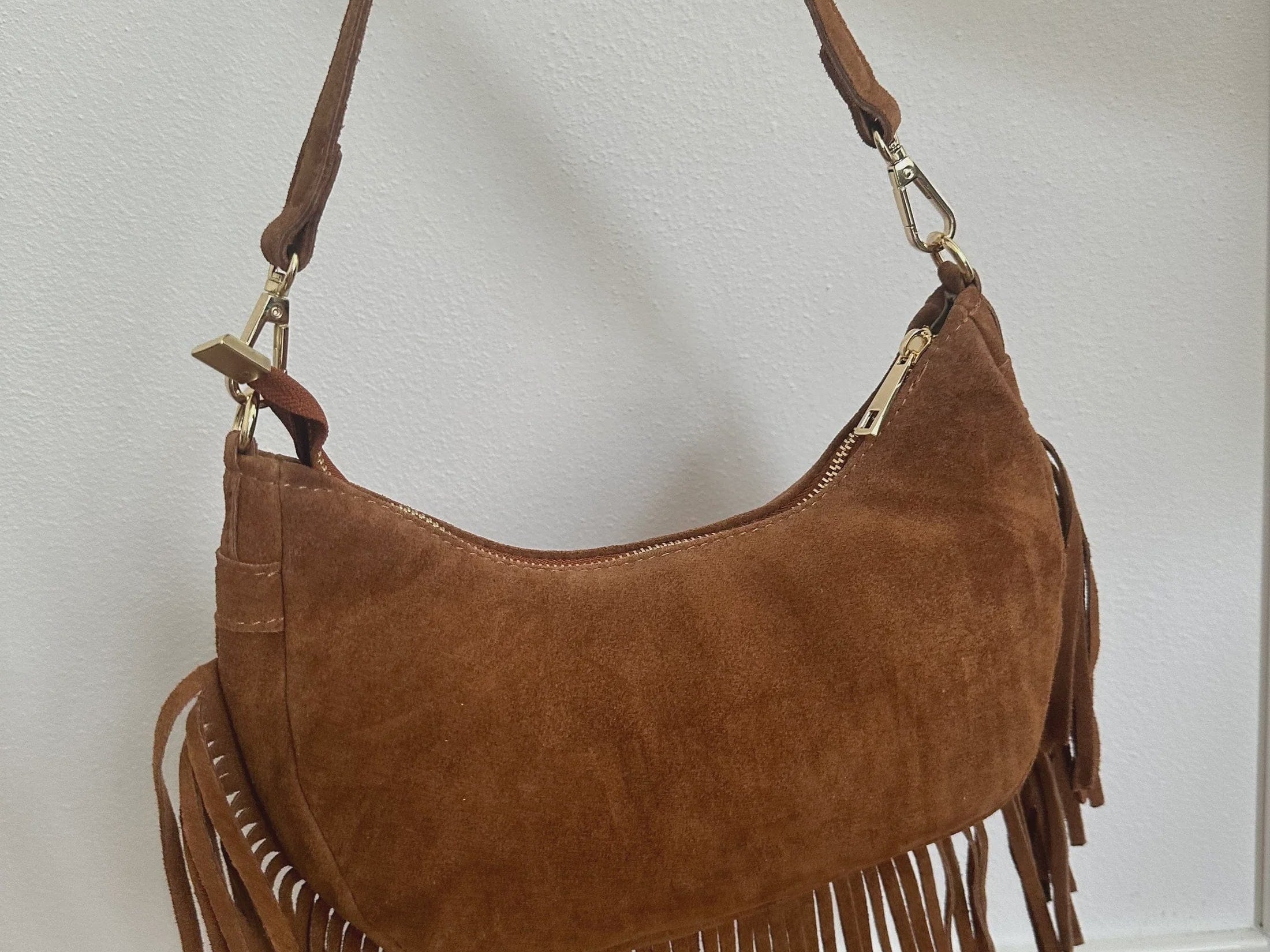 Zhade Handbags - Small Ninfea Bag - Cognac Suede Fringe